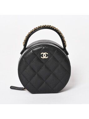 Chanel Small Round Vanity Bag Handbag Stand CC Logo Caviar Leather Black